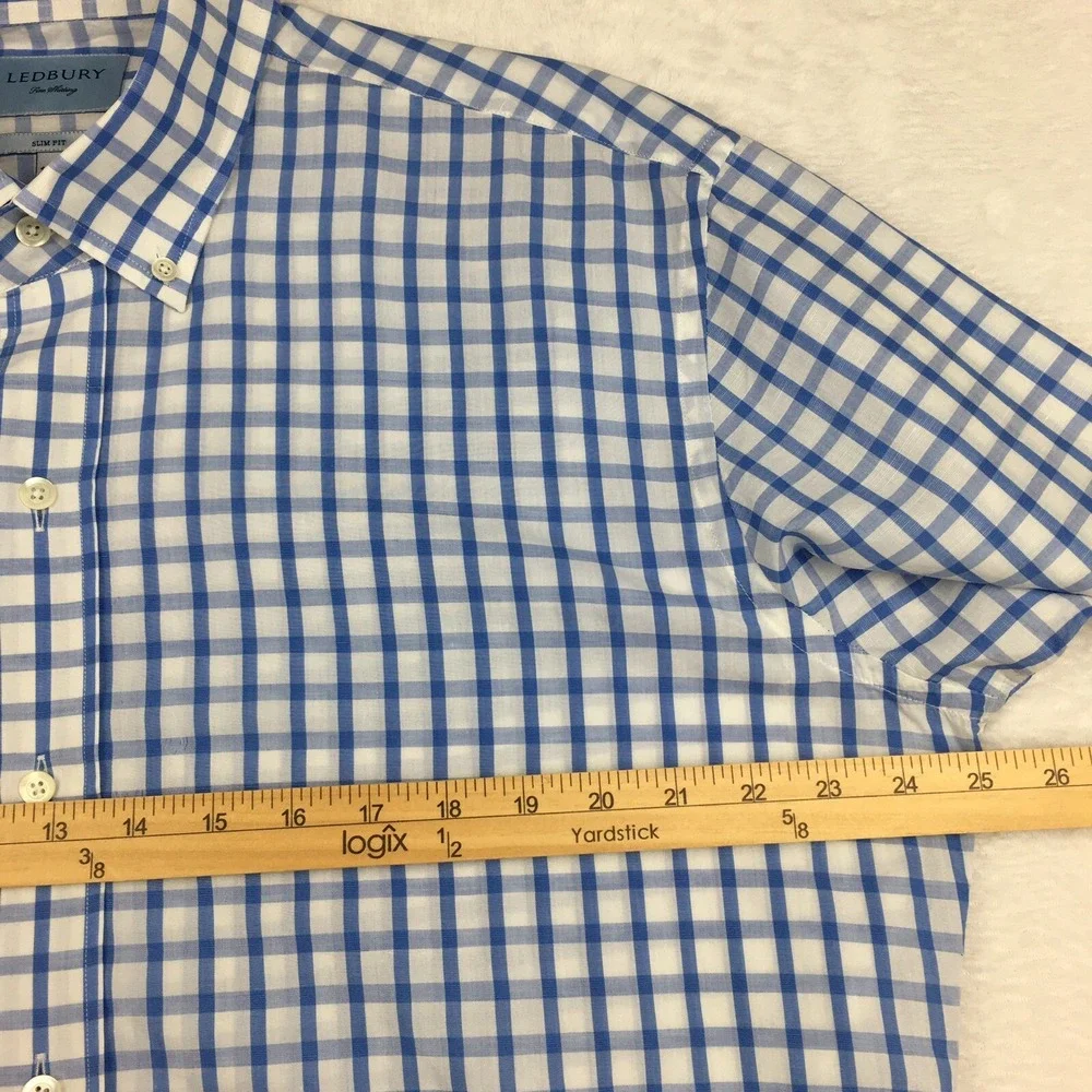 Ledbury Shirt Mens 17.5 Blue/White Checks Slim Fit Cotton/Linen Blend